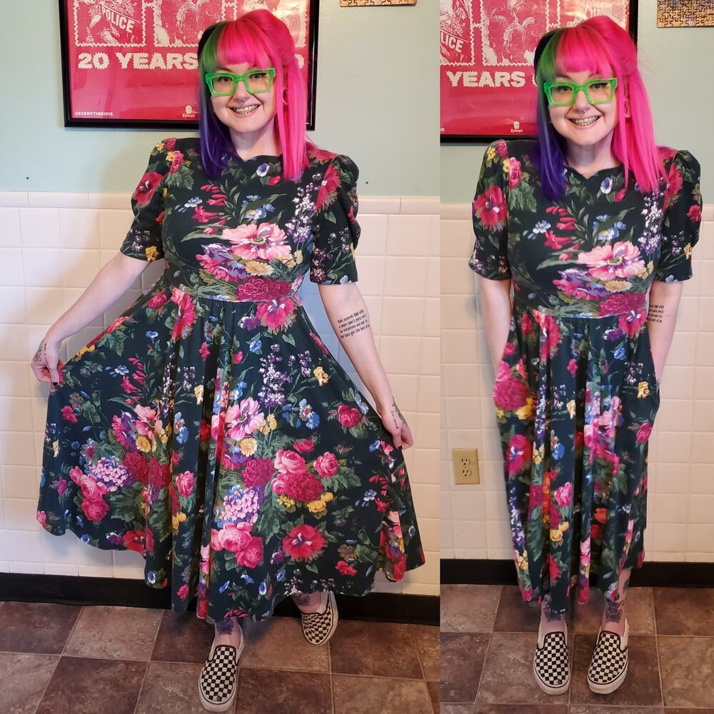 Vintage 80's Forest Green Floral A Line Fit and Flare Half Sleeve Midi Dress - Picture 2 of 12